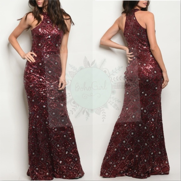 Dresses & Skirts - WOMENS Burgundy Sequin Maxi Dress mermaid